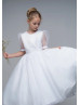 Beaded Short Sleeves White Organza Tea Length Flower Girl Dress